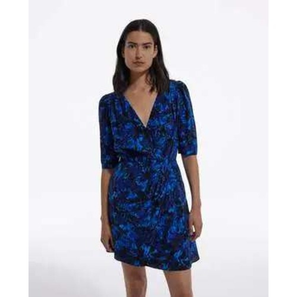 The Kooples Wrap Dress Womens 1 Blue Black Silk Floral Mini Quiet Luxury Chic